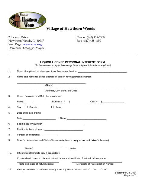 First page of the Liquor License Personal Interest Form
