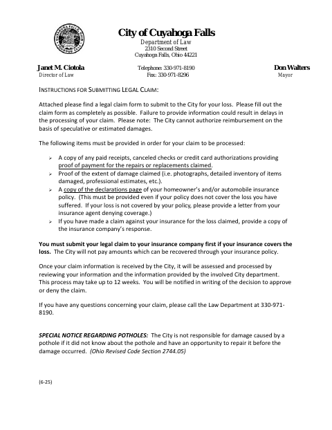 First page of the Legal Claim Form (Notice of Claim Against the City)