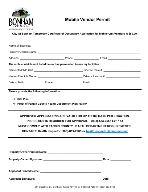First page of the Mobile Vendor Permit