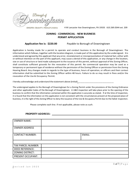 First page of the Commercial New Business Zoning Permit Application