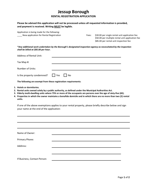 First page of the Rental Registration Application