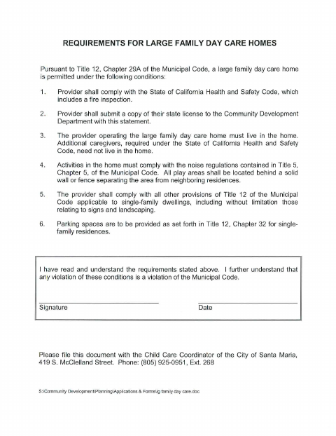 First page of the Large Family Daycare Home Requirements Form