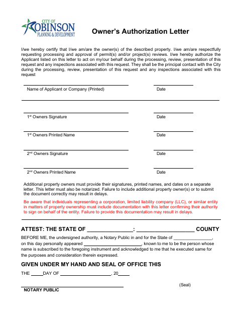 First page of the Owner’s Authorization Letter