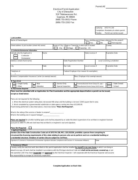 First page of the Electrical Permit Application