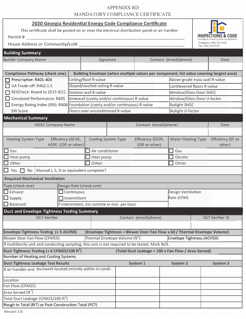 First page of the Residential Energy Code Certificate