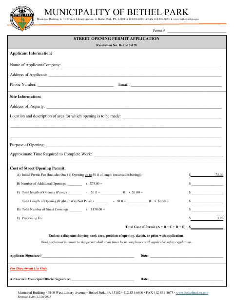 First page of the Street Opening Permit Application