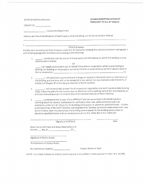 First page of the Owner Licensure Exemption Affidavit