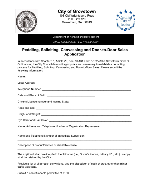 First page of the Peddling, Soliciting, Canvassing and Door-to-Door Sales Application