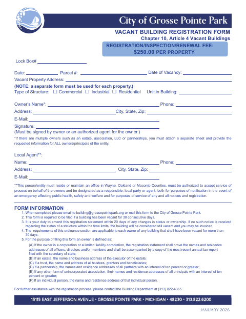 First page of the Vacant Building Registration Form
