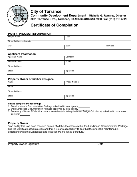 First page of the Certificate of Completion and Installation