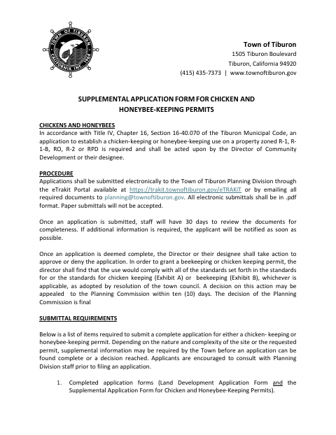 First page of the Supplemental Application Form for Chicken and Honeybee-Keeping Permits