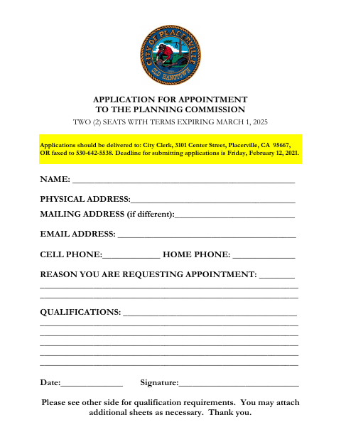 First page of the Application for Appointment to the Planning Commission