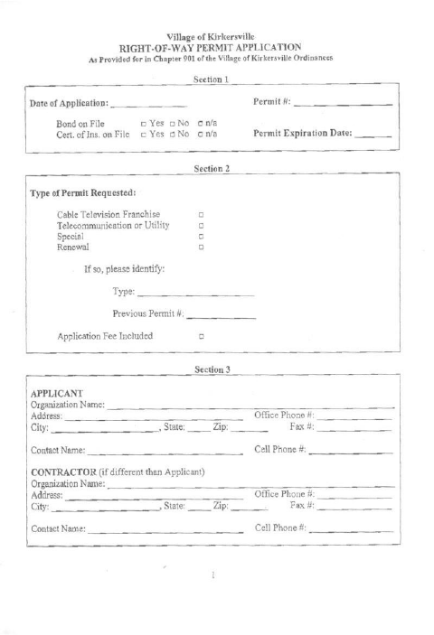 First page of the Right-of-Way Permit Application