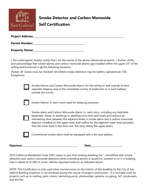 First page of the Smoke Detector And Carbon Monoxide Self Certification