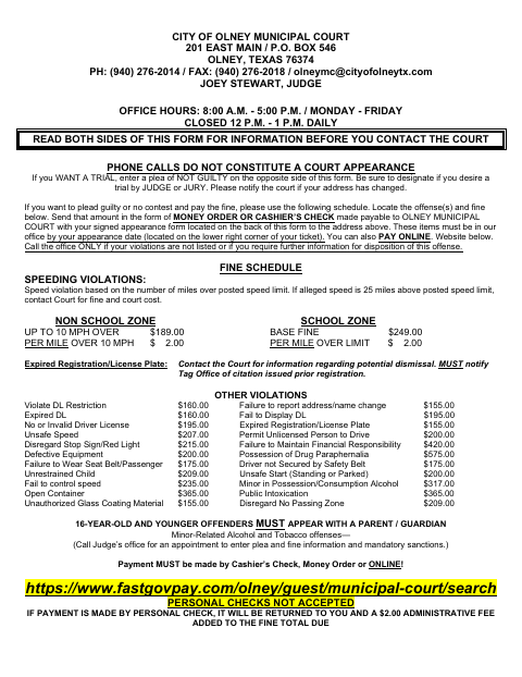 First page of the Written Plea and Fine Schedule
