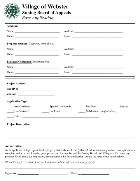 First page of the Zoning Board of Appeals Base Application