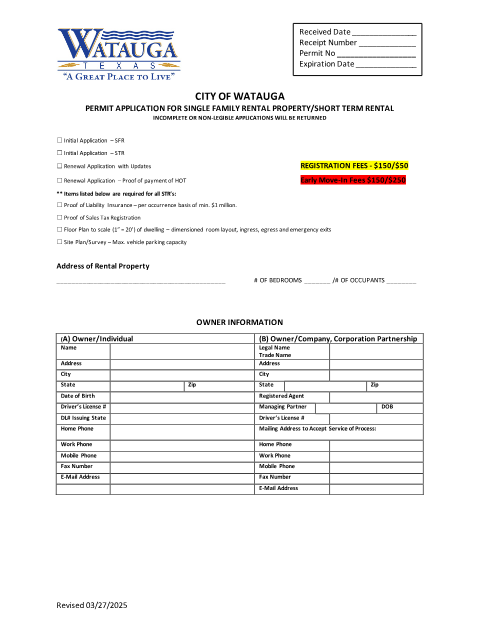 First page of the Single-Family Rental/Short-Term Rental Permit Application