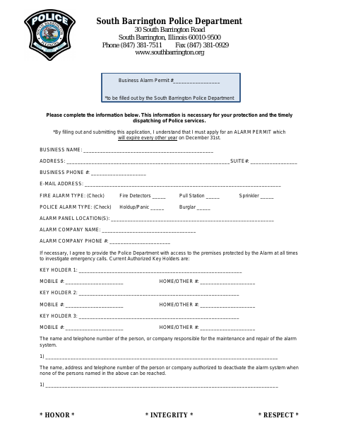 First page of the Business Alarm Permit Application