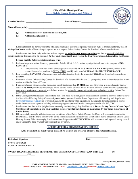 First page of the Driver Safety Course Request and Affidavit