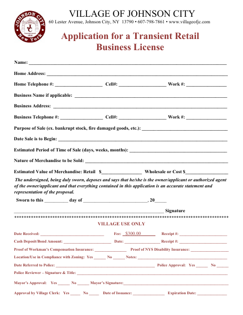First page of the Application for a Transient Retail Business License