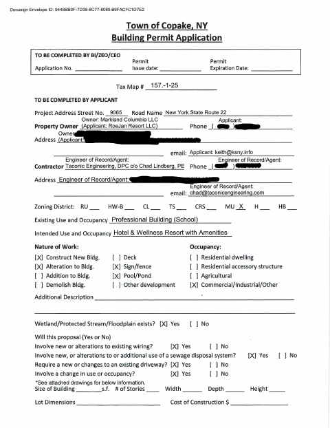 First page of the Roe Jan Resort Building Permit Application
