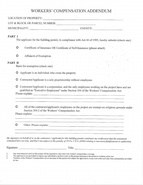 First page of the Workers’ Compensation Addendum