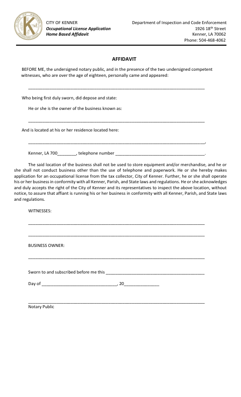 First page of the Home Based Affidavit