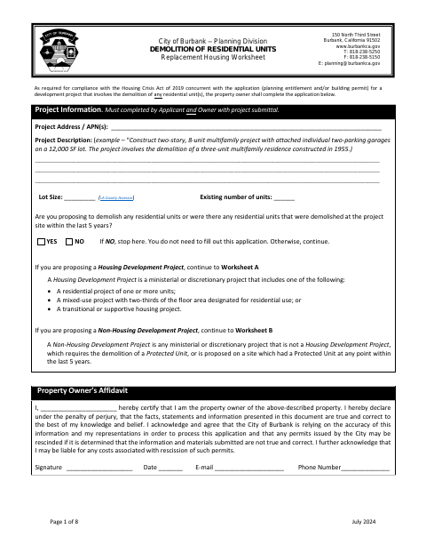 First page of the Demolition of Residential Units — Replacement Housing Worksheet