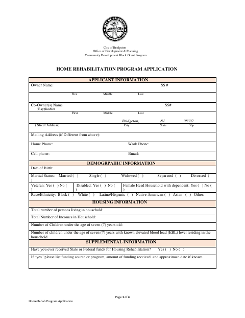 First page of the Home Rehab Program Application