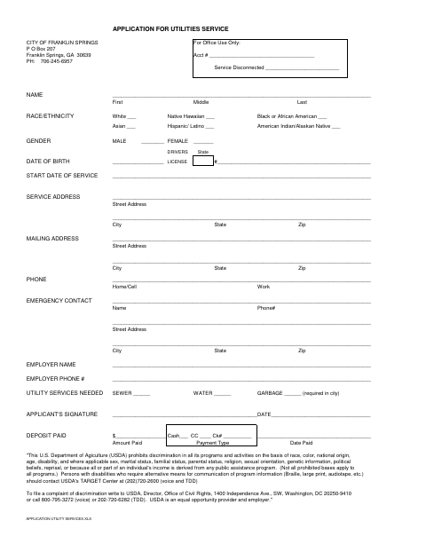 First page of the Application for Utilities Service
