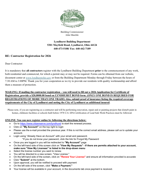 First page of the Contractor Registration for 2026