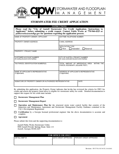 First page of the Stormwater Fee Credit Application
