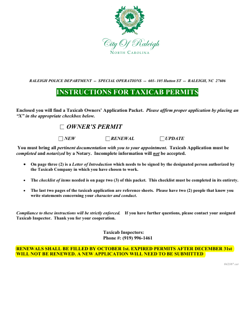 First page of the Taxicab Owner’s Permit Application