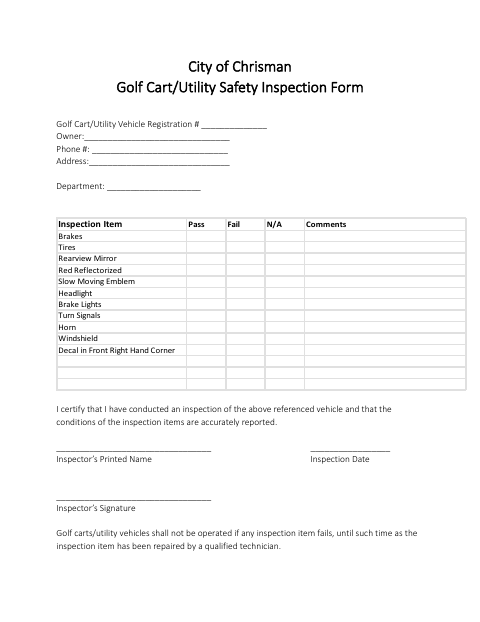 First page of the Golf Cart/Utility Safety Inspection Form