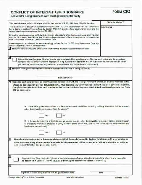 First page of the Conflict of Interest Questionnaire (Form CIQ)