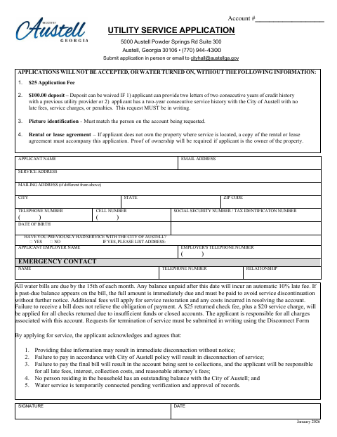 First page of the Utility Service Application