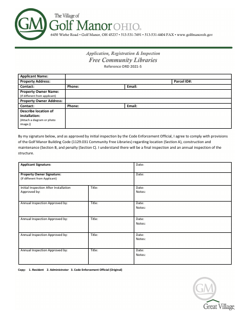 First page of the Application, Registration & Inspection Free Community Libraries