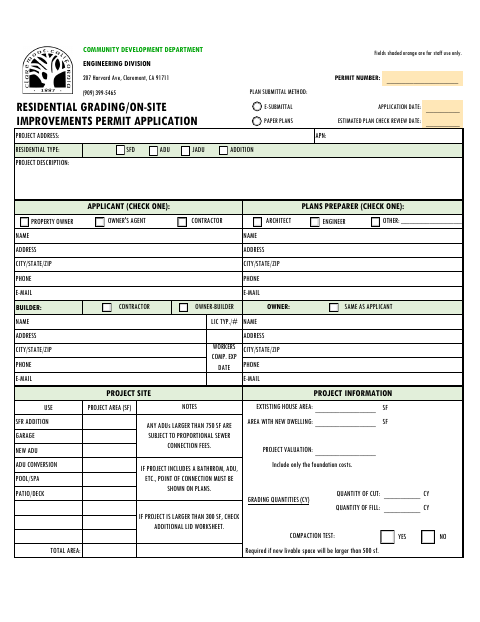 First page of the Residential Grading/On-Site Improvements Permit Application