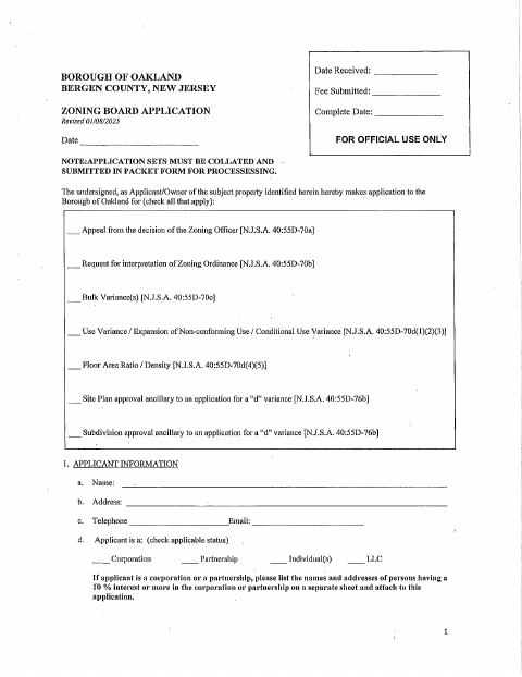First page of the Zoning Board Application
