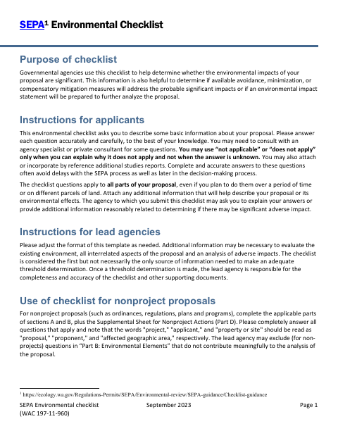 First page of the SEPA Environmental Checklist