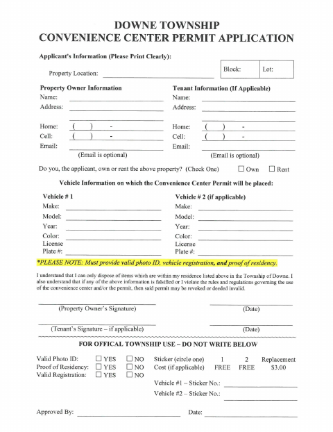 First page of the Convenience Center Permit Application
