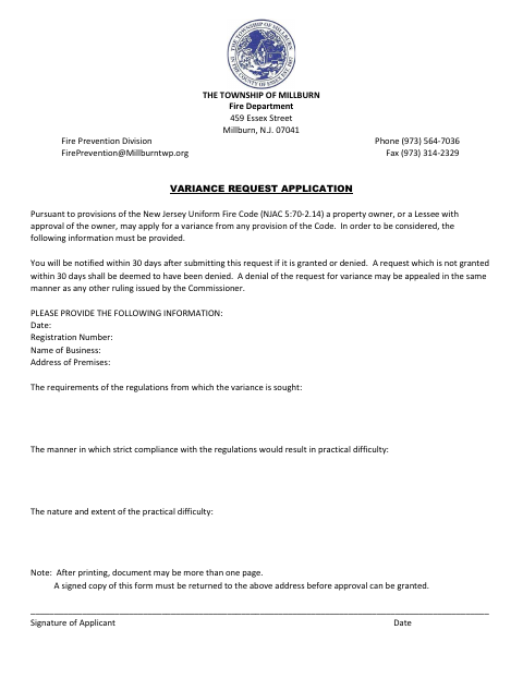 First page of the Variance Request Application
