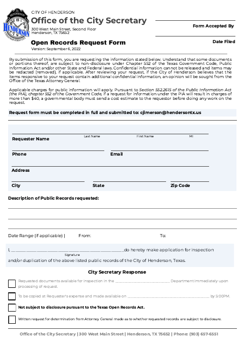 First page of the Open Records Request Form