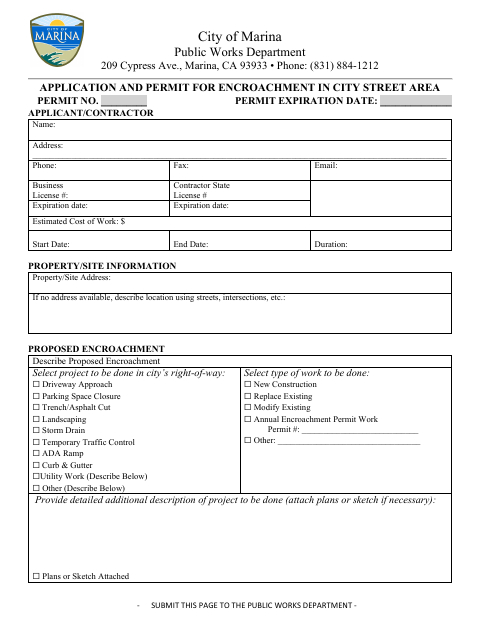 First page of the Application and Permit for Encroachment in City Street Area
