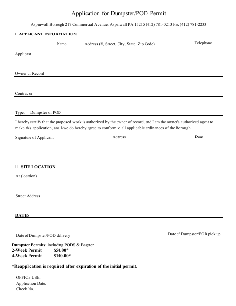 First page of the Dumpster/POD Permit Application