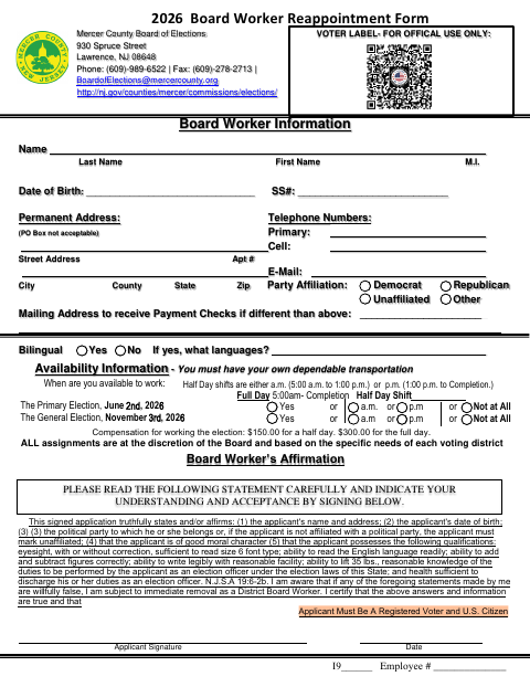 First page of the 2026 Board Worker Reappointment Form