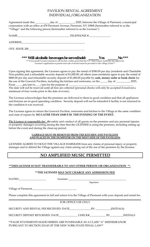First page of the Pavilion Rental Agreement