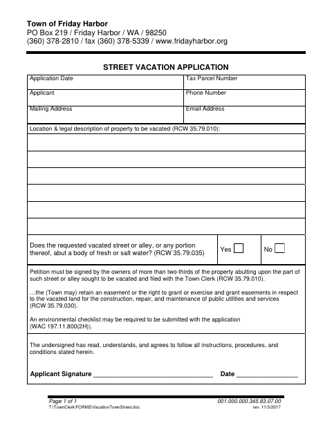 First page of the Street Vacation Application