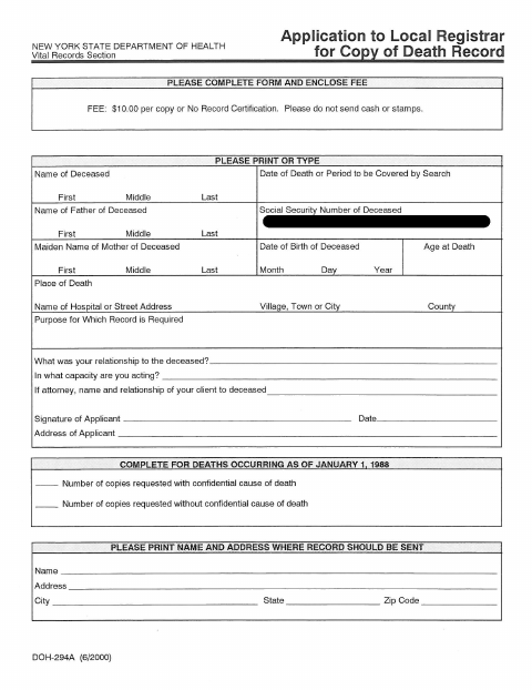 First page of the Application for Copy of Death Record