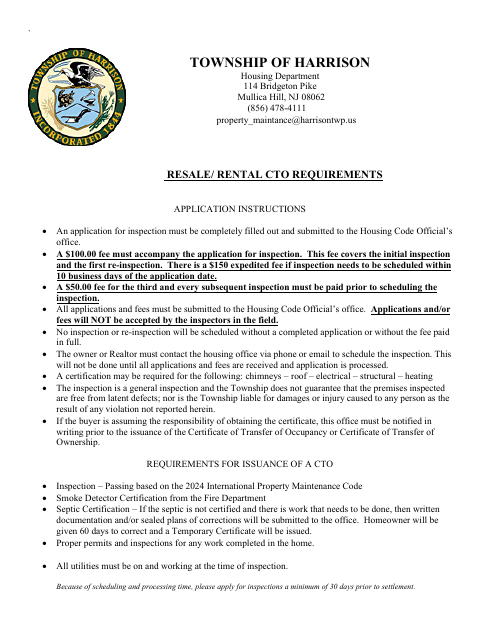 First page of the Certificate of Transfer of Ownership or Occupancy Application